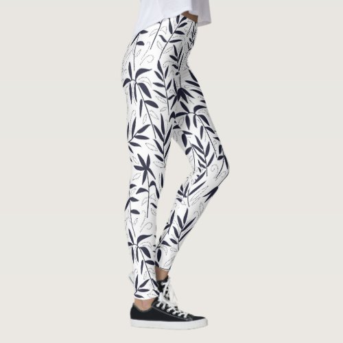 White  navy_blue bamboo leaves Japanese pattern 2 Leggings