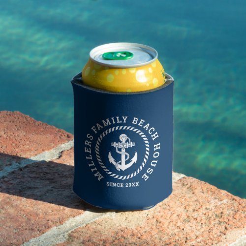 White Navy_Blue Beach House Nautical Boat Anchor Can Cooler