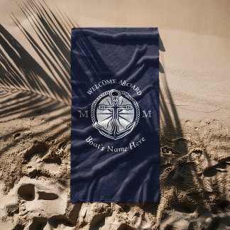 White Navy Blue Boat Name Anchor Welcome Aboard Beach Towel