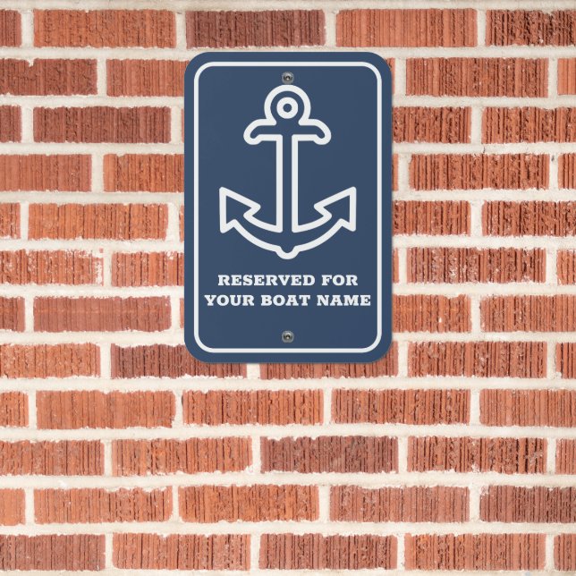 White, Navy Blue Boat Reserved Dock Space Parking Metal Sign (In Situ(Brick))