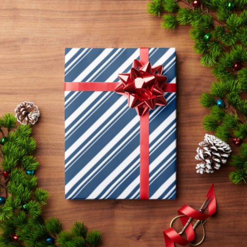 White Navy Blue Candy Cane Stripe Holiday Wrapping Paper