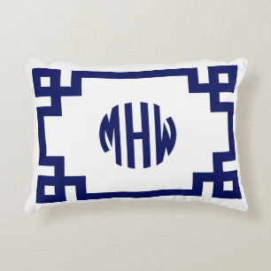White Navy Blue Circle Monogram Greek Key DIY BG Accent Pillow