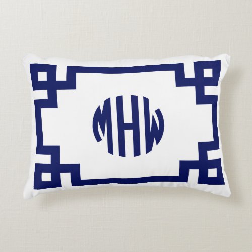 White Navy Blue Circle Monogram Greek Key DIY BG Accent Pillow