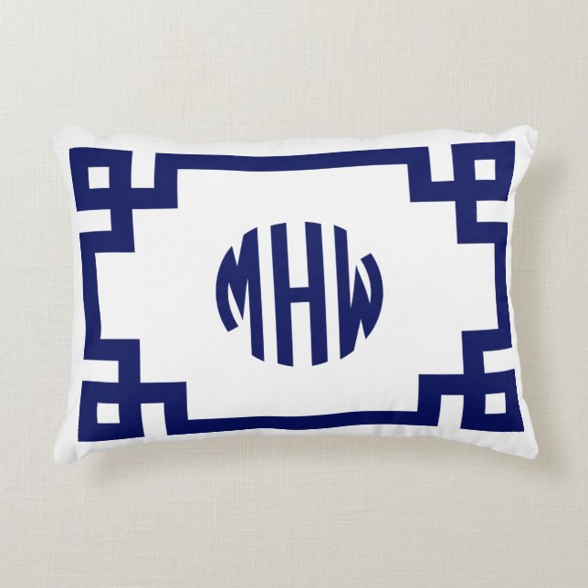 White Navy Blue Circle Monogram Greek Key DIY BG Accent Pillow (Front)