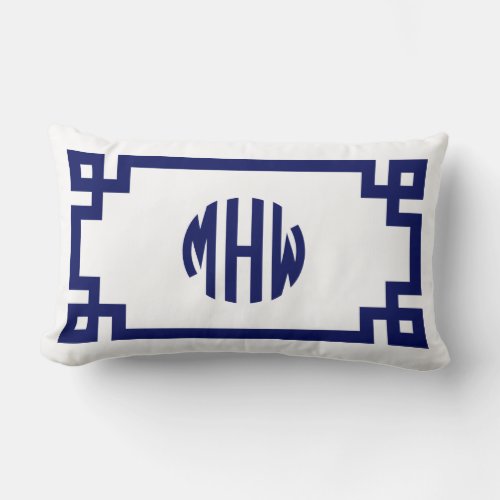 White Navy Blue Circle Monogram Greek Key DIY BG Lumbar Pillow