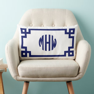 White Navy Blue Circle Monogram Greek Key DIY BG Lumbar Pillow