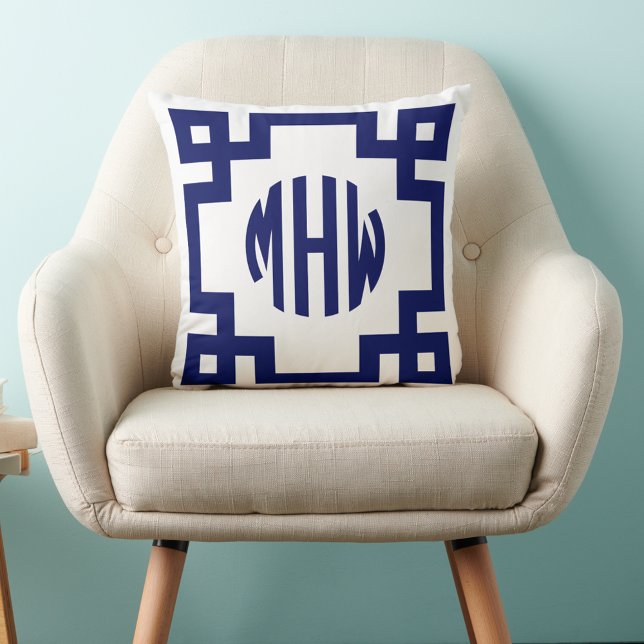White Navy Blue Circle Monogram Greek Key DIY BG Throw Pillow (Creator Uploaded)