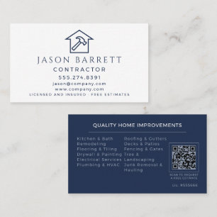 White Navy Blue Contractor Remodeling Handyman QR Business Card