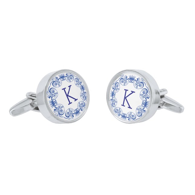 White & Navy Blue Floral Circle Frame Cufflinks (Angled)