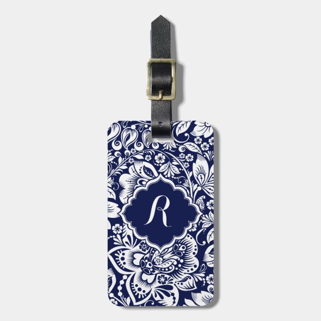 White & Navy Blue Floral Damasks Luggage Tag (Front Vertical)