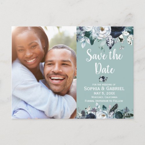 White Navy Blue Floral Green Wedding Save the Date Announcement Postcard