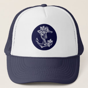 White & Navy Blue Floral Nautical Boat Anchor Trucker Hat