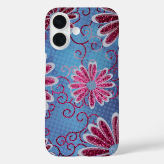 White Navy Blue Floral Pink Glitter Daisy Pattern iPhone 16 Case