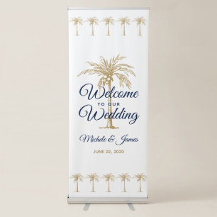 White Navy Blue Gold Palm Trees Wedding Welcome Retractable Banner