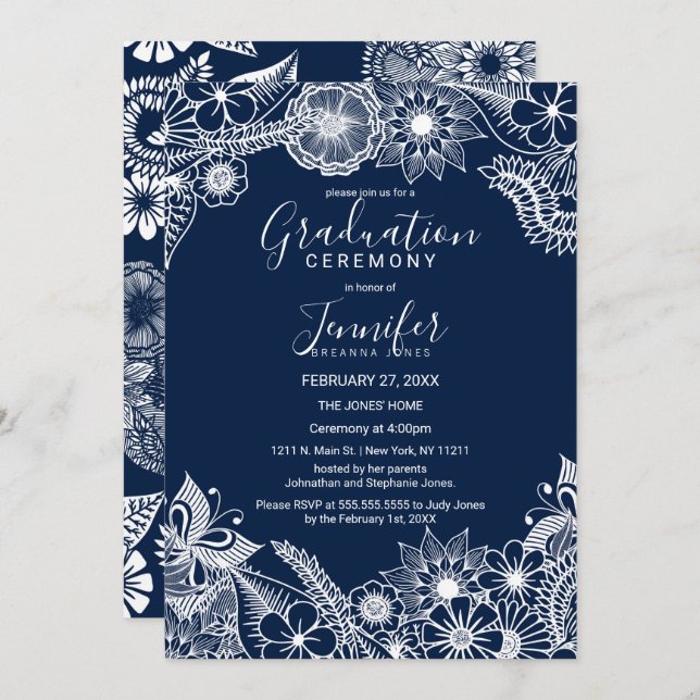 White Navy Blue Illustrative Florals Graduation Invitation (Front/Back)