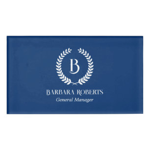 White & Navy Blue Laurel Wreath Custom Monogram Name Tag