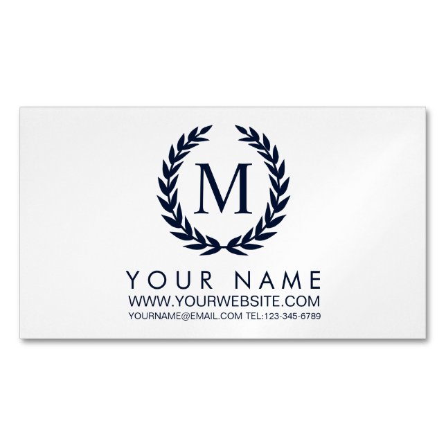 White & Navy Blue Laurel Wreath Monogram Business Card Magnet (Front)