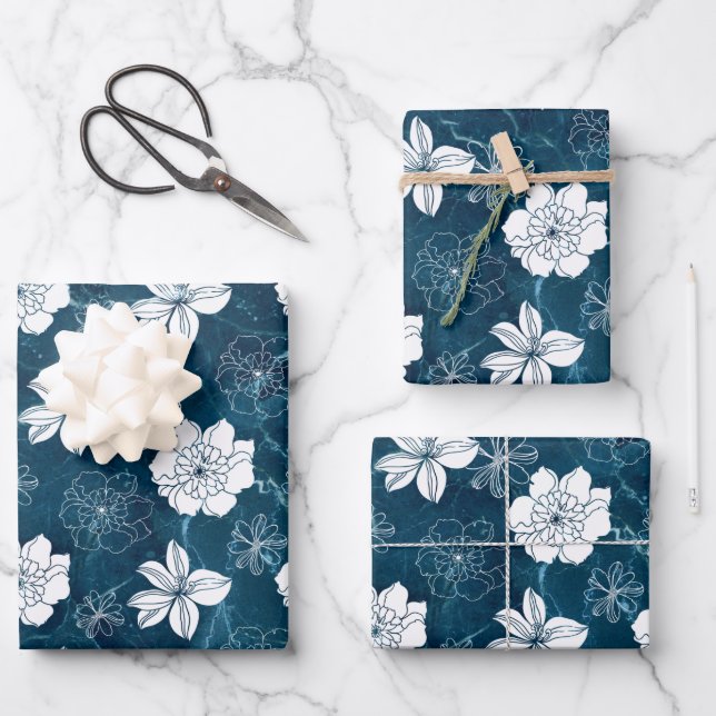 White & Navy Blue Marble Graphic Floral Pattern  Wrapping Paper Sheets (Front)
