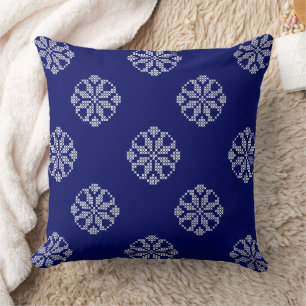 White & Navy Blue Modern Cross Stitch Lace Pattern Throw Pillow