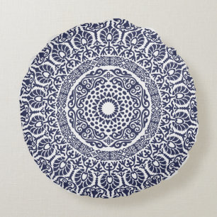 White & Navy Blue Modern Mandala boho chic Indian Round Pillow