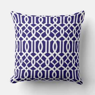 White Navy Blue Moroccan Trellis Decor Pillow