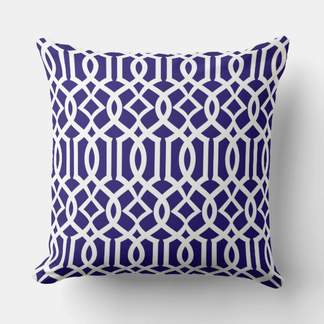White Navy Blue Moroccan Trellis Decor Pillow (Front)
