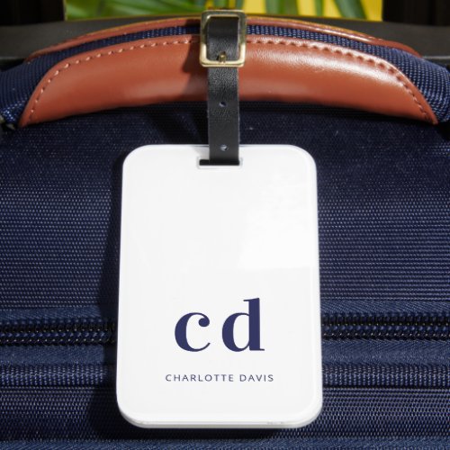 White navy blue name initials modern luggage tag