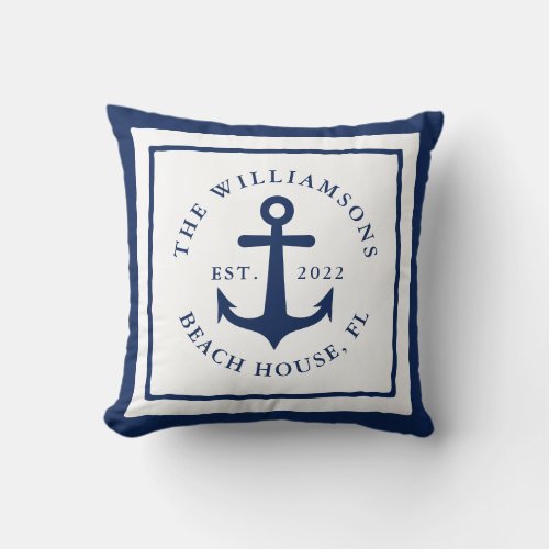 White Navy Blue Nautical Anchor Family Monogram Throw Pillow