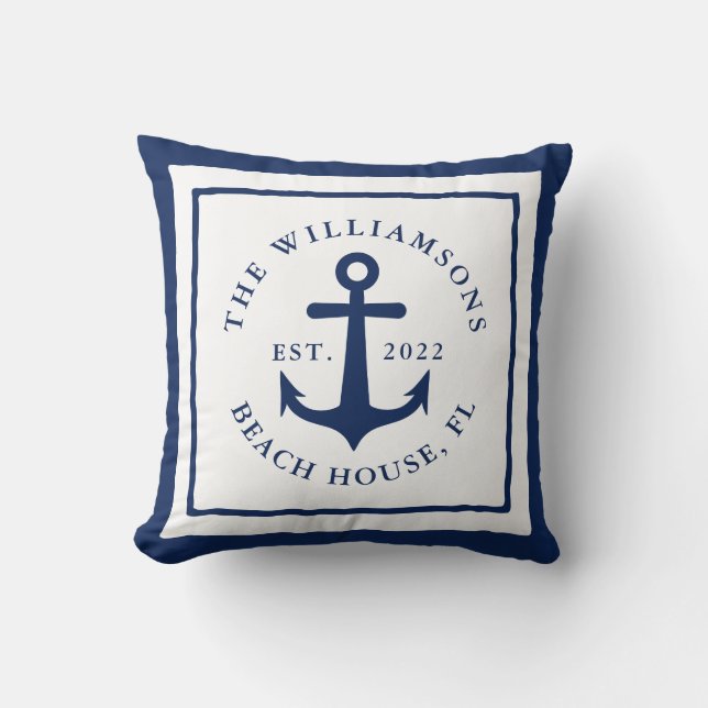 White Navy Blue Nautical Anchor Family Monogram Throw Pillow (Front)