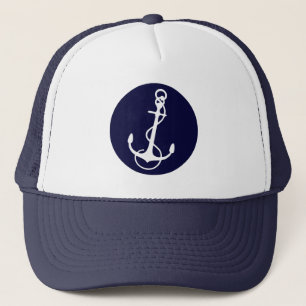 White & Navy Blue Nautical Boat Anchor 2 Trucker Hat
