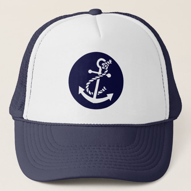 White & Navy Blue Nautical Boat Anchor Trucker Hat (Front)