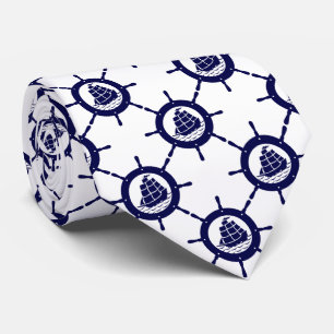 White & Navy Blue Nautical Boat Wheel Pattern Neck Tie