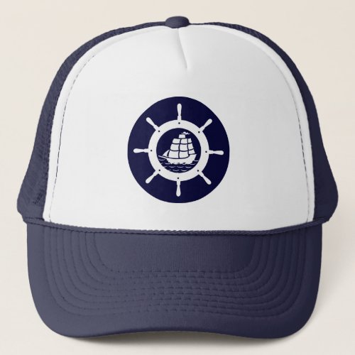White  Navy Blue Nautical Boat Wheel Trucker Hat
