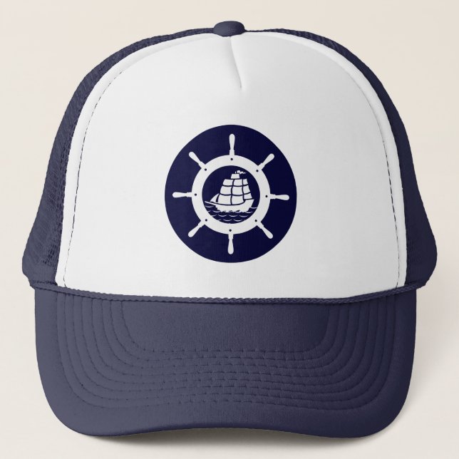 White & Navy Blue Nautical Boat Wheel Trucker Hat (Front)