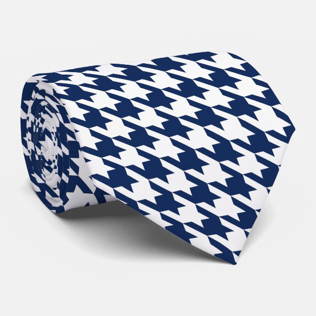 White Navy Blue Pied de Poule Houndstooth Neck Tie (Rolled)