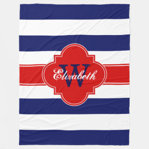 White Navy Blue Red LG Stripes Quatrefoil 3INQR Fleece Blanket