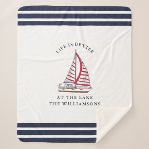 White Navy Blue Red Life is Better at The Lake Sherpa Blanket