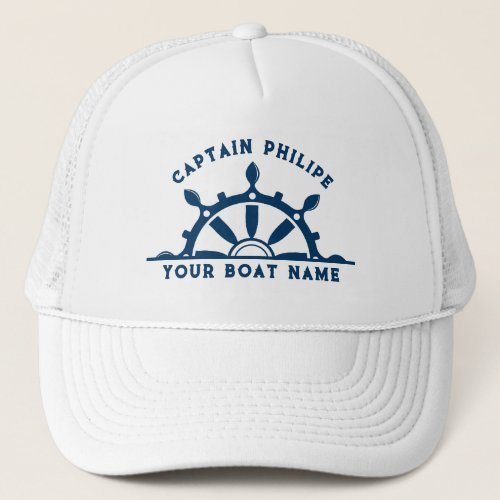 White  navy blue steering boat wheel custom text trucker hat