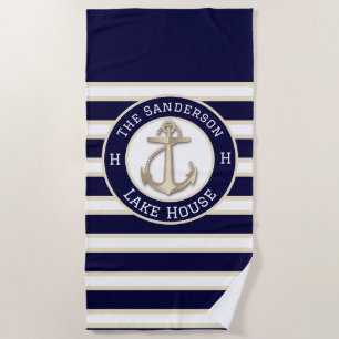White Navy Blue Stripe Beach house or Lake house Beach Towel