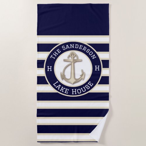 White Navy Blue Stripe Beach house or Lake house  Beach Towel