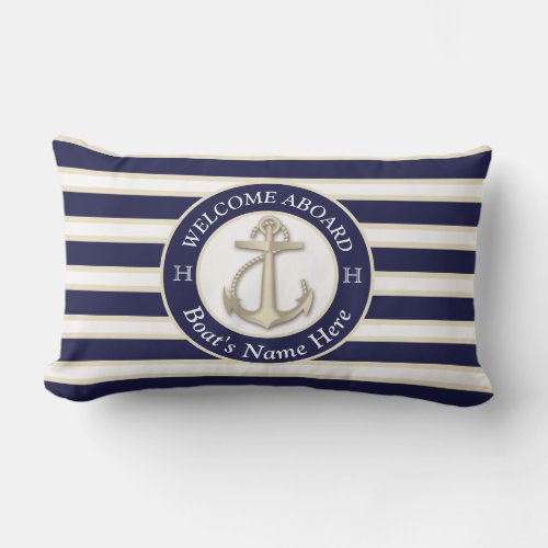 White  Navy Blue Stripe Boat Name Anchor Welcome Lumbar Pillow