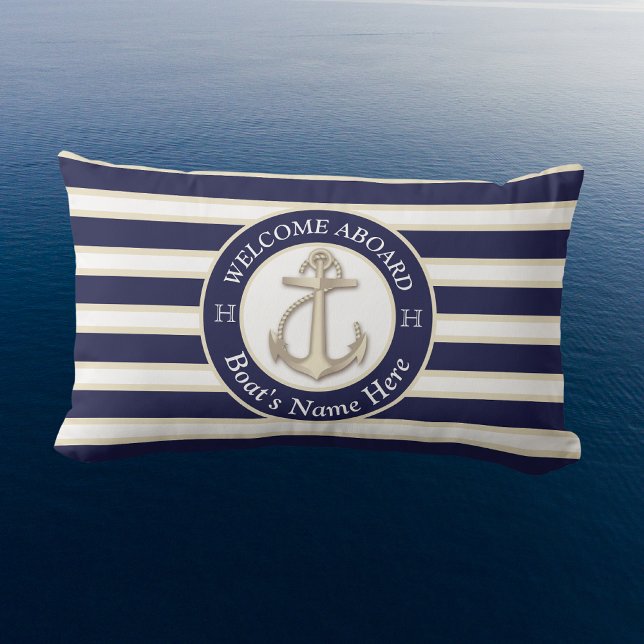 White  Navy Blue Stripe Boat Name Anchor Welcome Lumbar Pillow (Creator Uploaded)