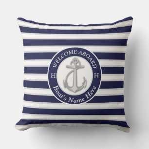 White  Navy Blue Stripe Boat Name Anchor Welcome Outdoor Pillow