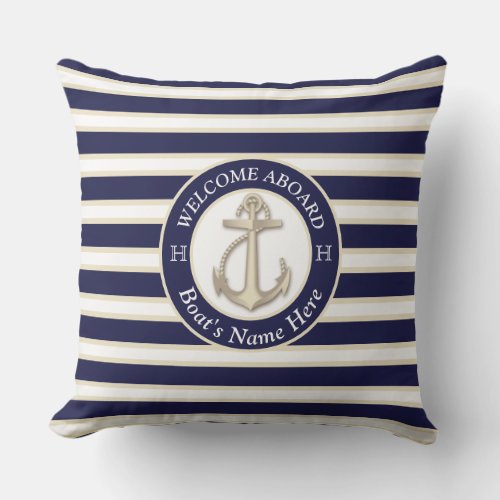 White  Navy Blue Stripe Boat Name Anchor Welcome Outdoor Pillow
