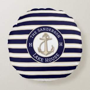 White Navy Blue Stripe Boat Name Anchor Welcome Round Pillow