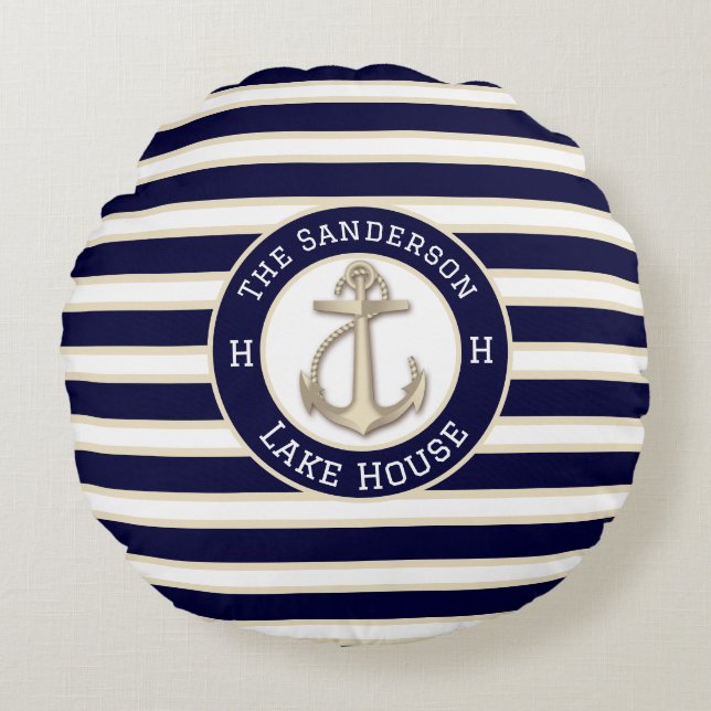 White  Navy Blue Stripe Boat Name Anchor Welcome Round Pillow (Front)