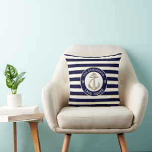 White Navy Blue Stripe Boat Name Anchor Welcome Throw Pillow