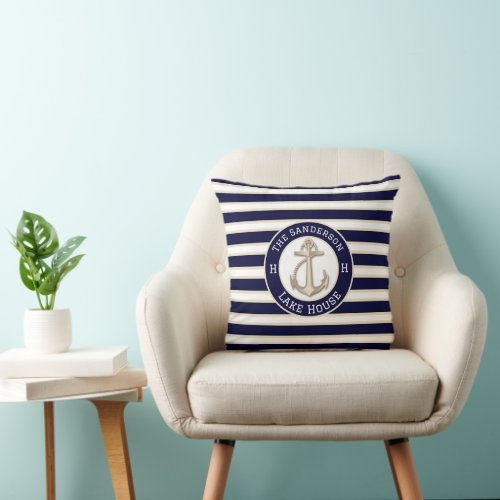 White  Navy Blue Stripe Boat Name Anchor Welcome Throw Pillow