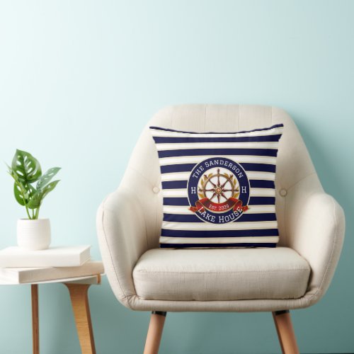 White Navy Blue Stripe Boat Name Welcome Aboard Throw Pillow