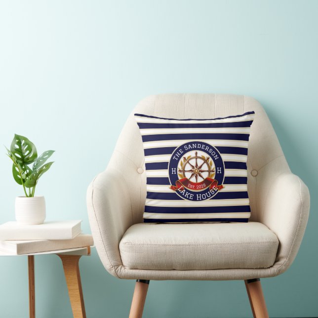 White Navy Blue Stripe Boat Name Welcome Aboard Throw Pillow (Chair)